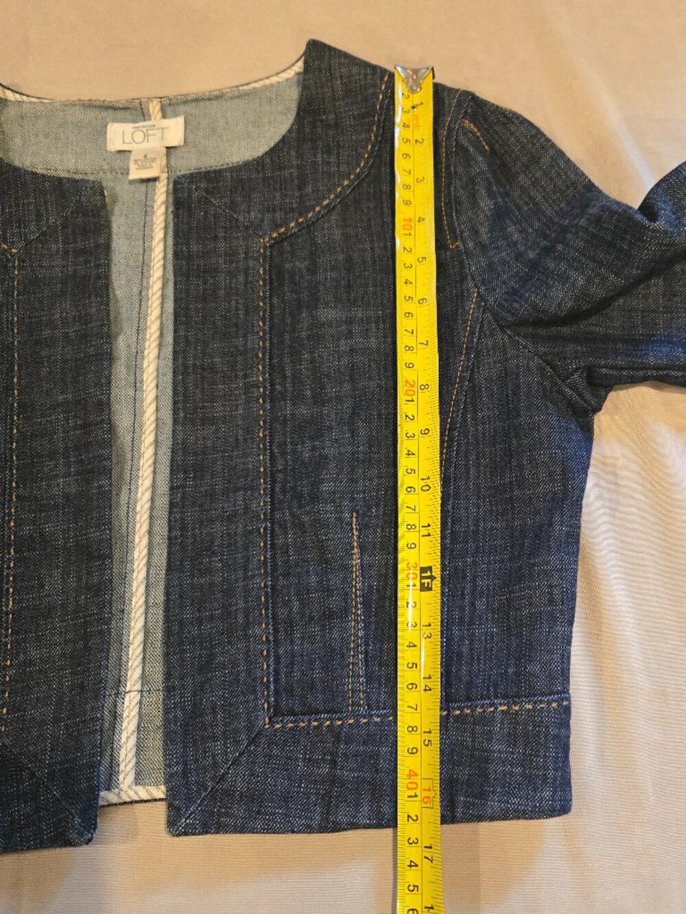LOFT Cropped Collarless Denim Jacket Blue Jean Blazer Open Front Size 6 - Picture 9 of 15